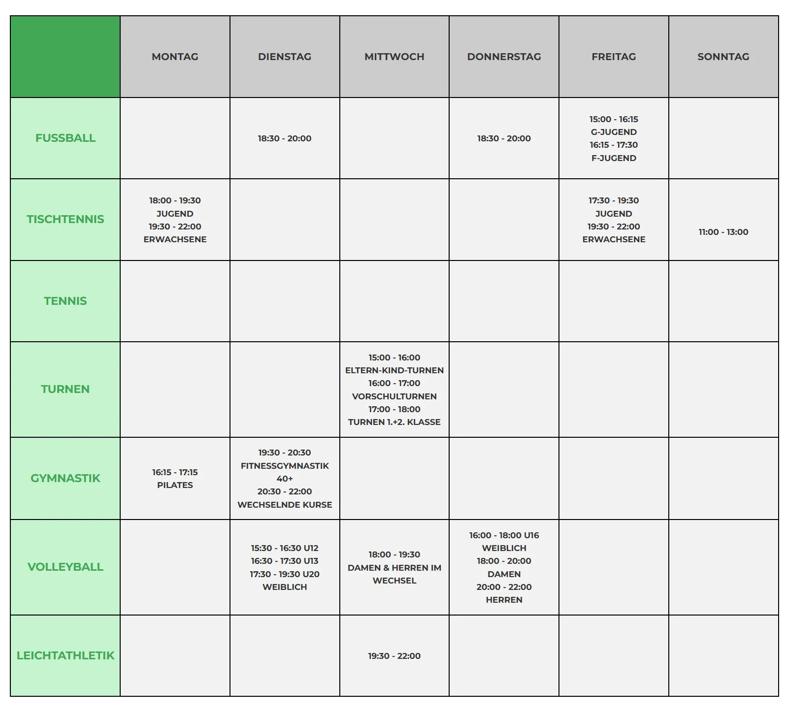 MTV Astfeld - sports club - Trainingszeiten